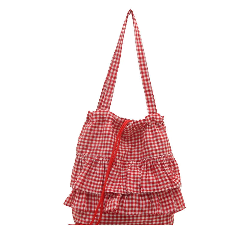 Large Capaci Cute Plaid Cotton Tote Bag  Lace Trim Women's Summer 2025 Simple Lady Handbag Soft Shoulder Bags Bolsa Feminina