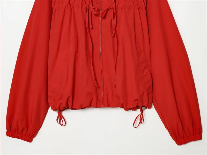 Women's Jacket 2026 Autumn New Red Long-Sleeve Drawstring Decorative Festive Hoodie Zipper Cardigan Casual Fashion Versatile