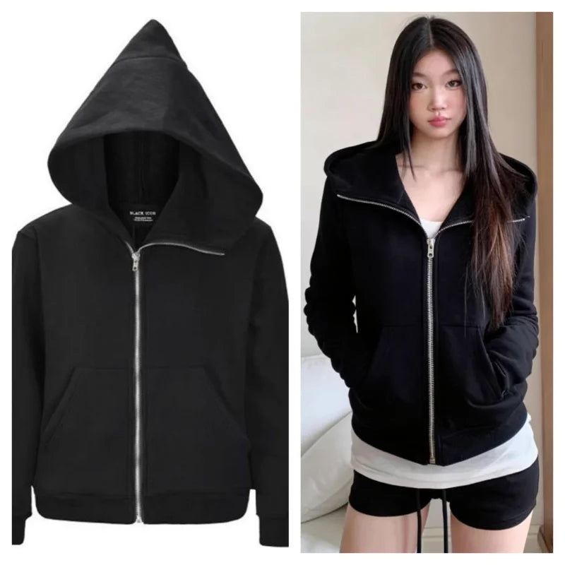 American Vintage Hooded Long Sleeve Jacket Women Autumn Winter Casual Slim Cardigan Top Harajuku Solid Y2k Zipper Clothes 2025