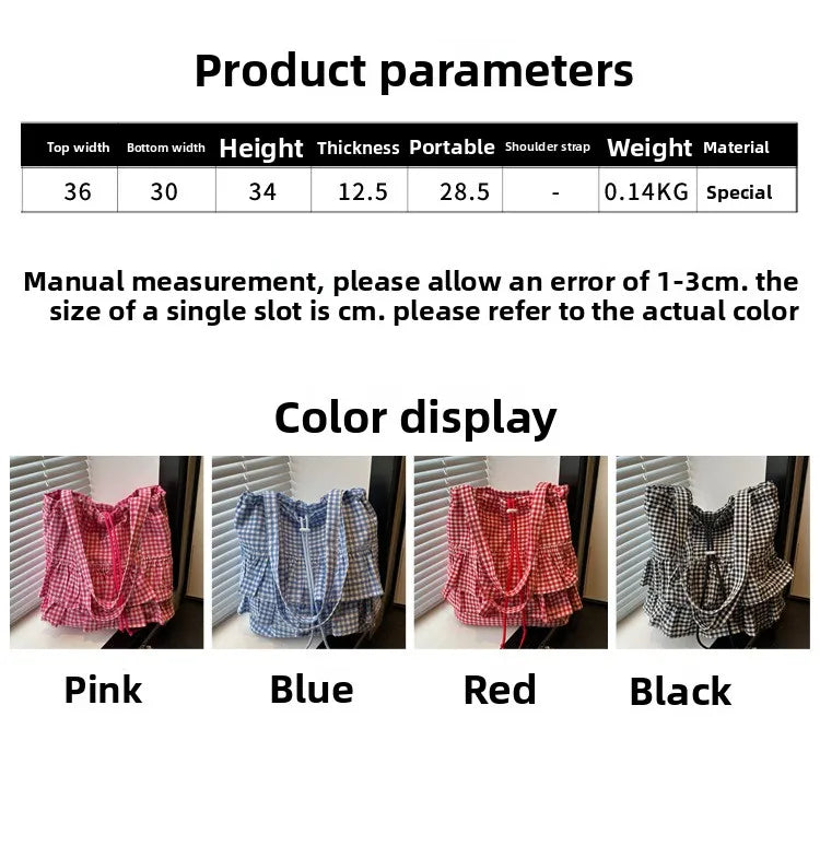 Large Capaci Cute Plaid Cotton Tote Bag  Lace Trim Women's Summer 2025 Simple Lady Handbag Soft Shoulder Bags Bolsa Feminina