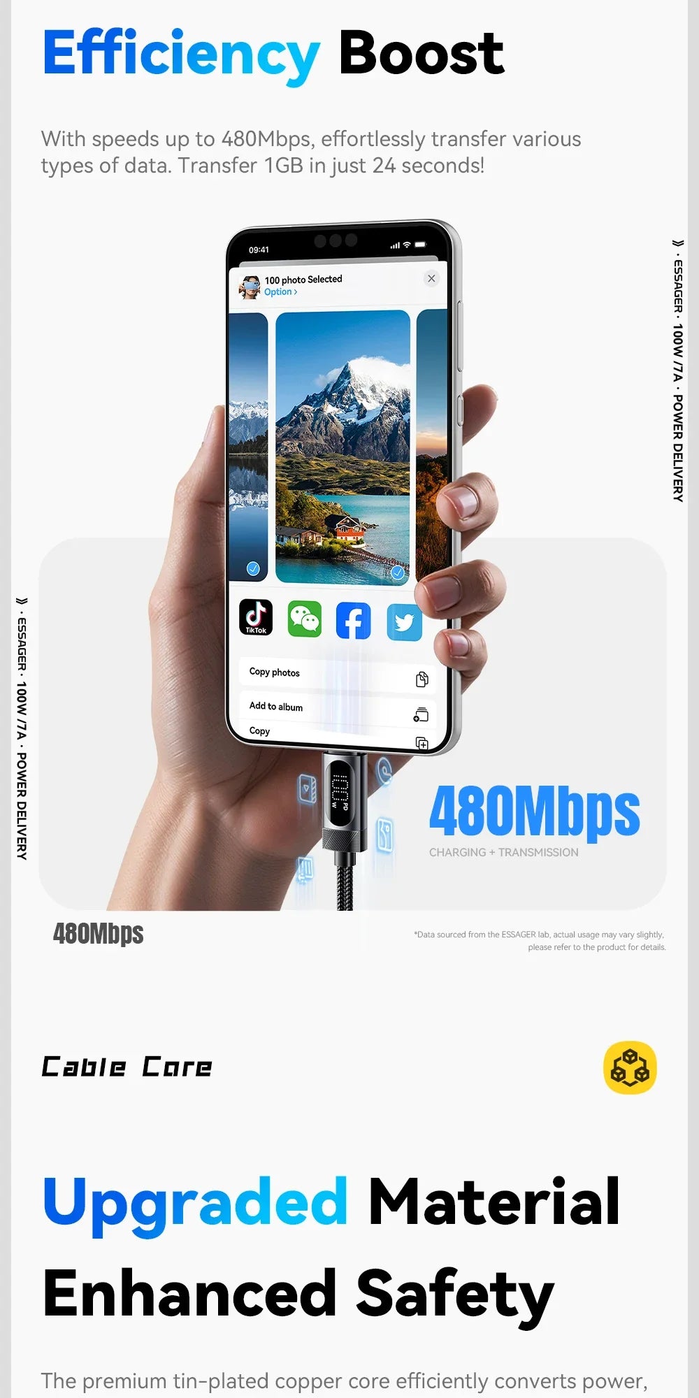 Essager Digital Dispaly USB C Cable For iPhone 17 16 15 Xiaomi Huawei 100W PD Fast Charging For Macbook iPad Type C to C Cable