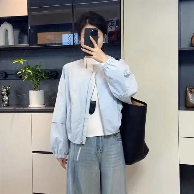 Korean Version Simple Women's Round Neck Solid Color Short Coat 2026 Spring New Female Casual Loose Jacket Joker Little Overwear