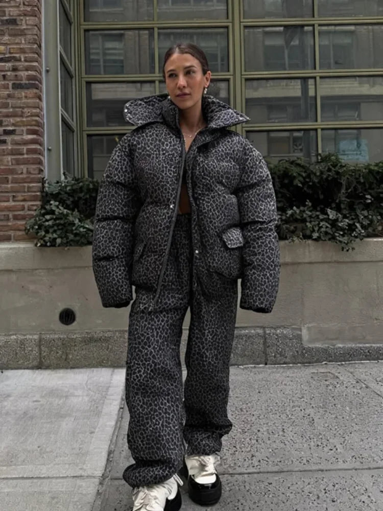Chic Leopard Hooded Puffer Coat Set Women Quilted Full Sleeve Zip Jacket Wide Leg Pants 2026 New Lady Winter Thicken Warm Outfit