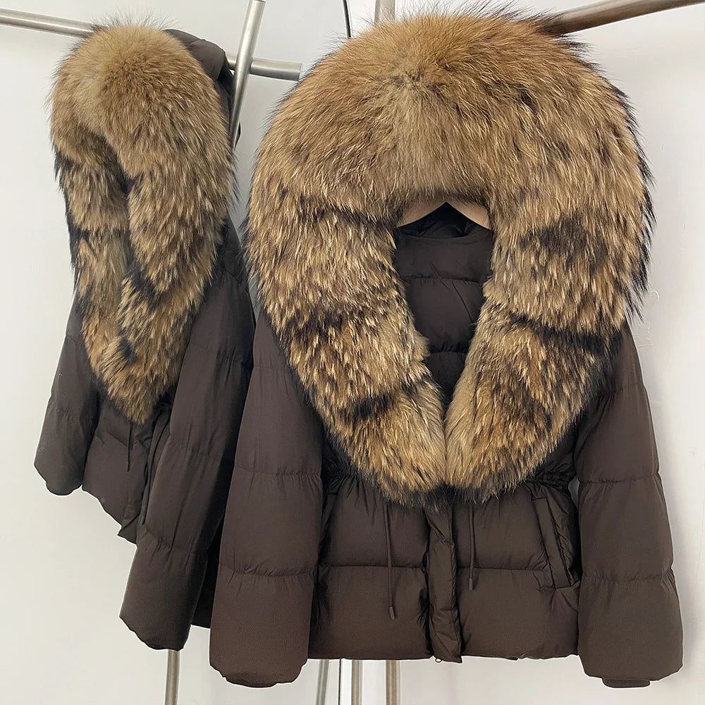 Reality Fur Jacket Real Fur Collar Duck Down Coat Female Winter Hooded Warm Fox Fur Coat Women Natural Raccoon Fur Puffer Jacket