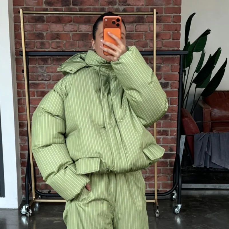 Women's Striped Puffer Jacket Two Piece Set Detachable Hood Cropped Puffer Coat Wide Leg Pants Outfit 2026 Winter Casual Coats