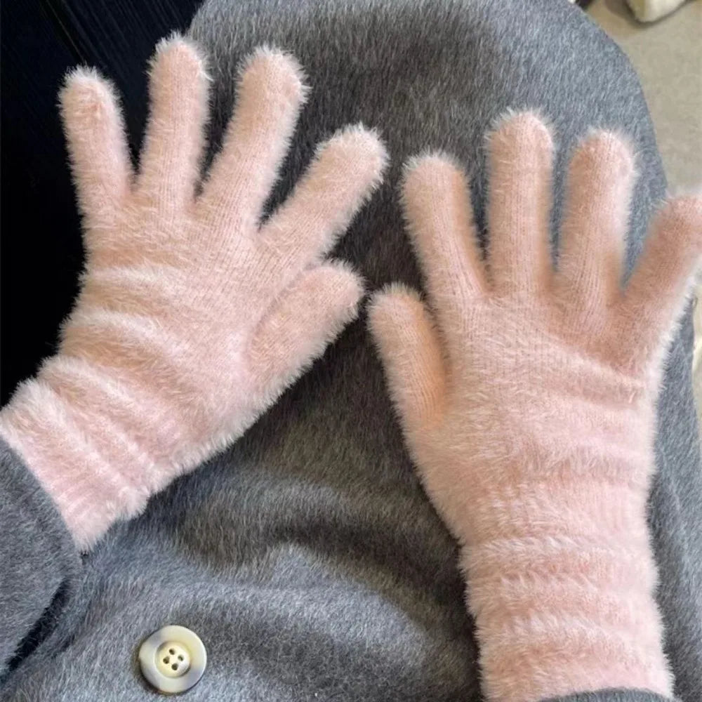 Fashion Winter Mink Velvet Five Finger Gloves Plush Warm Cold-proof Gloves Women Outdoors Cycling Solid Color Winter Gloves