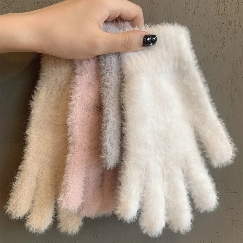 Fashion Winter Mink Velvet Five Finger Gloves Plush Warm Cold-proof Gloves Women Outdoors Cycling Solid Color Winter Gloves