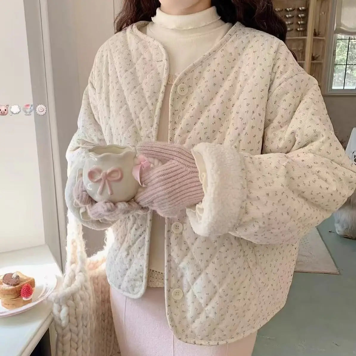 Chic Floral Corduroy Jacket for Women - Korean Loose Fit Round Neck Long Sleeve Cotton Top, Warm Versatile Autumn Winter Shacket
