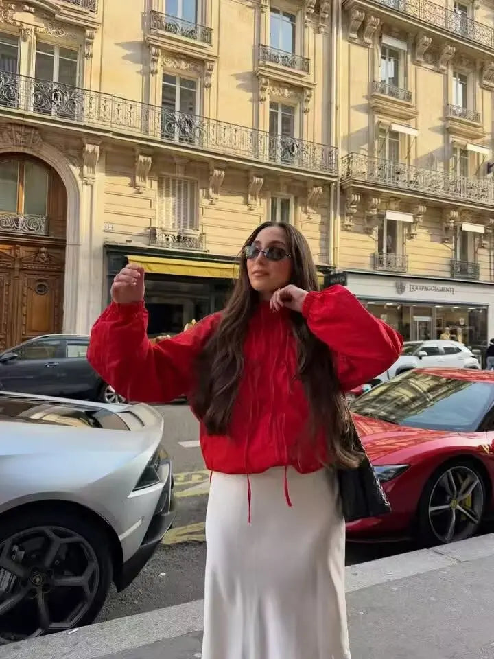 Women's Jacket 2026 Autumn New Red Long-Sleeve Drawstring Decorative Festive Hoodie Zipper Cardigan Casual Fashion Versatile