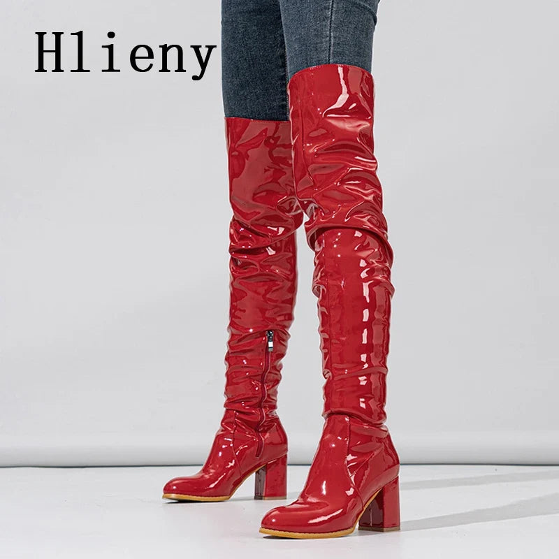Hlieny 2026 Winter New Thigh High Boots Fashion Patent Leather Round Toe Zip Female Square Heels Pleated Design Women's Shoes
