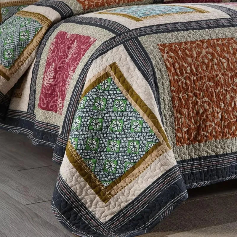 Vintage Patchwork Cotton Quilt Set 3PCS King/Queen - All-Season Thin Comforter Bedspread,Breathable Quilted Coverlet Bedding