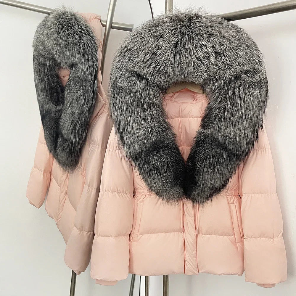 Reality Fur Jacket Real Fur Collar Duck Down Coat Female Winter Hooded Warm Fox Fur Coat Women Natural Raccoon Fur Puffer Jacket