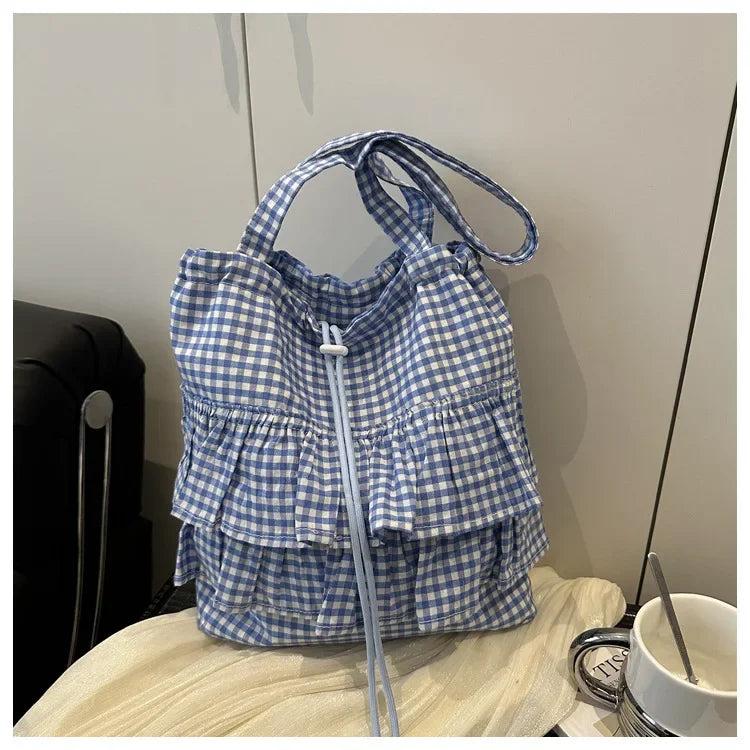 Large Capaci Cute Plaid Cotton Tote Bag  Lace Trim Women's Summer 2025 Simple Lady Handbag Soft Shoulder Bags Bolsa Feminina