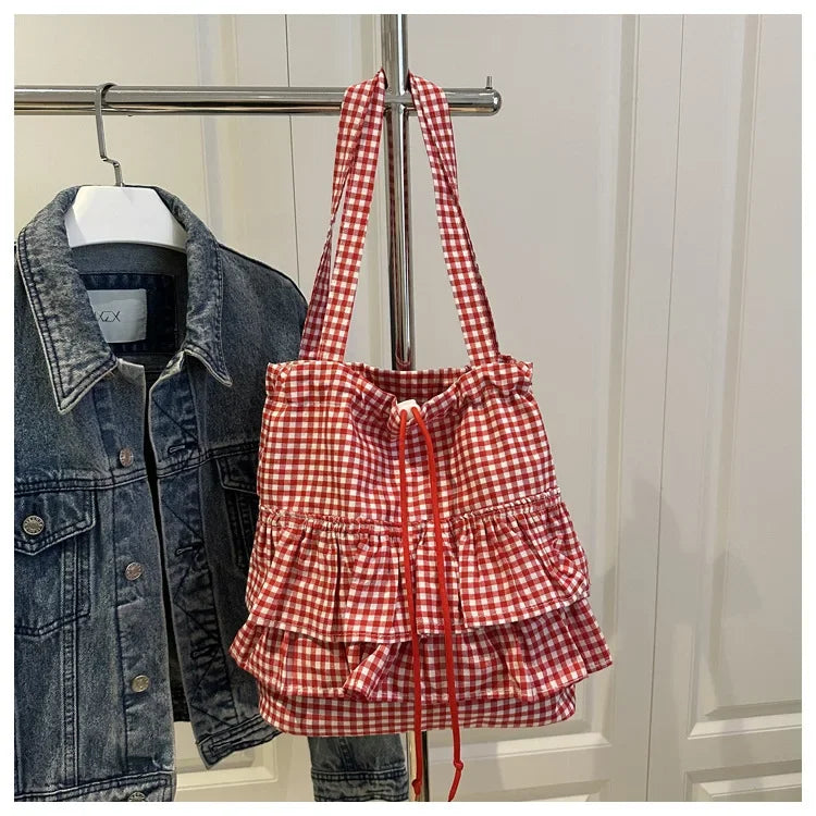 Large Capaci Cute Plaid Cotton Tote Bag  Lace Trim Women's Summer 2025 Simple Lady Handbag Soft Shoulder Bags Bolsa Feminina
