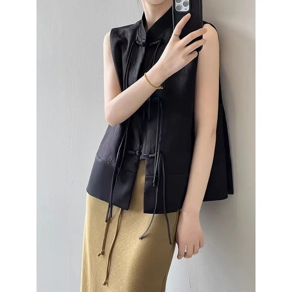 2026 spring new chinese new style plate buckle waistcoat jacket jacquard stand collar sleeveless retro women cheongsam waistcoat