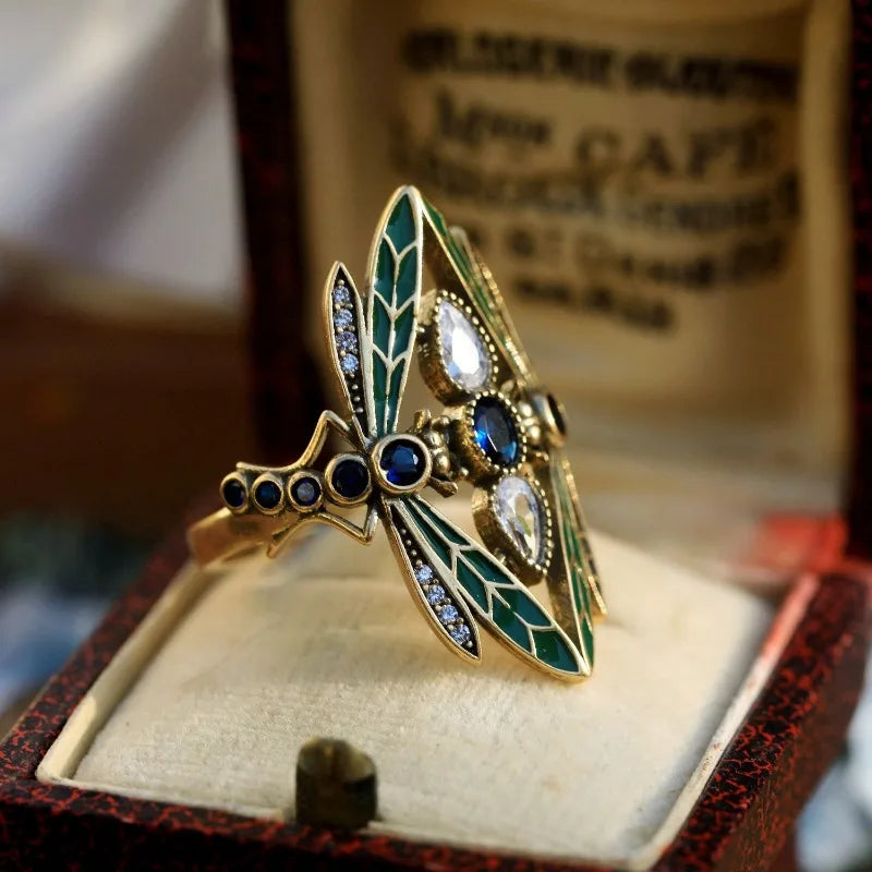 Gorgeous Vintage Insect Dragonfly Ring for Men Women Blue Cubic Synthetic Zirconia Party Jewelry Christmas Anniversary Gift