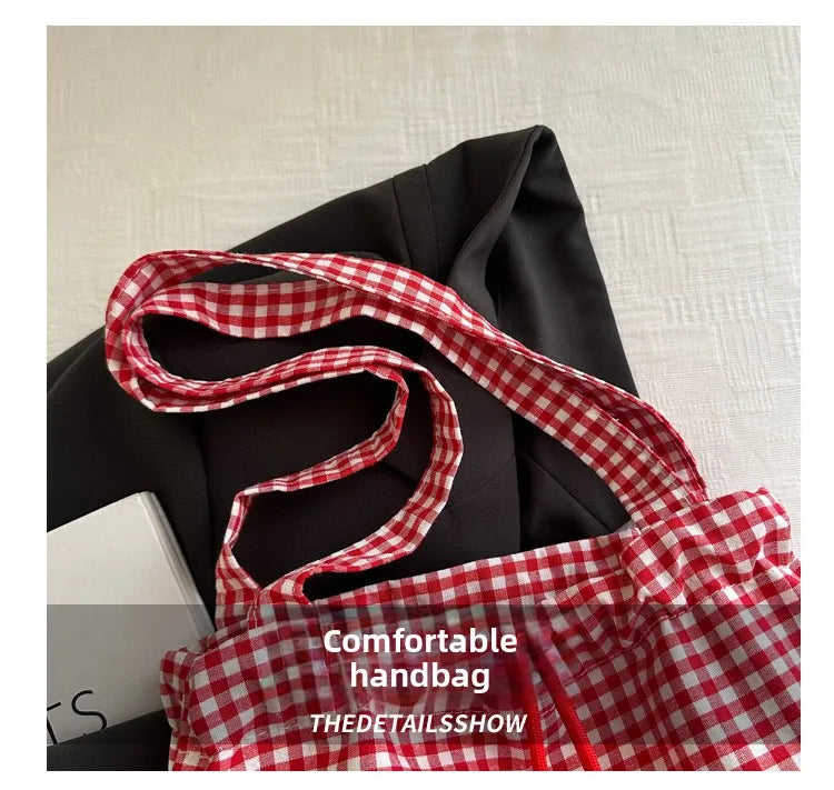 Large Capaci Cute Plaid Cotton Tote Bag  Lace Trim Women's Summer 2025 Simple Lady Handbag Soft Shoulder Bags Bolsa Feminina