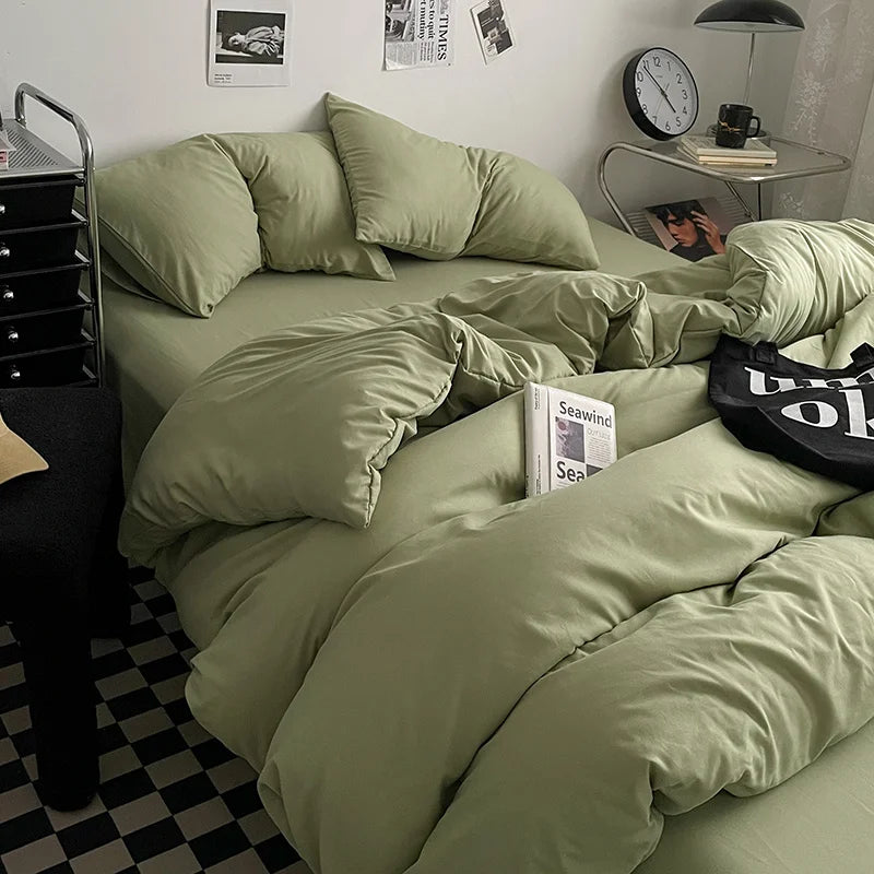 Washed Cotton Bed Linen Bedding Set 4 Pieces Bed Sheets Set Solid Color Comforter Cover Couple Queen King Size Bed Quilt Cover