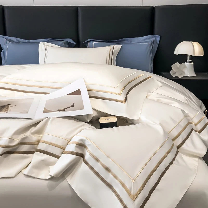 Hotel Style Bedding Set Luxury Golden Embroidery Duvet Cover Grey Egyptian Cotton Bed Sheets Pillowcases Solid Color Bedclothes