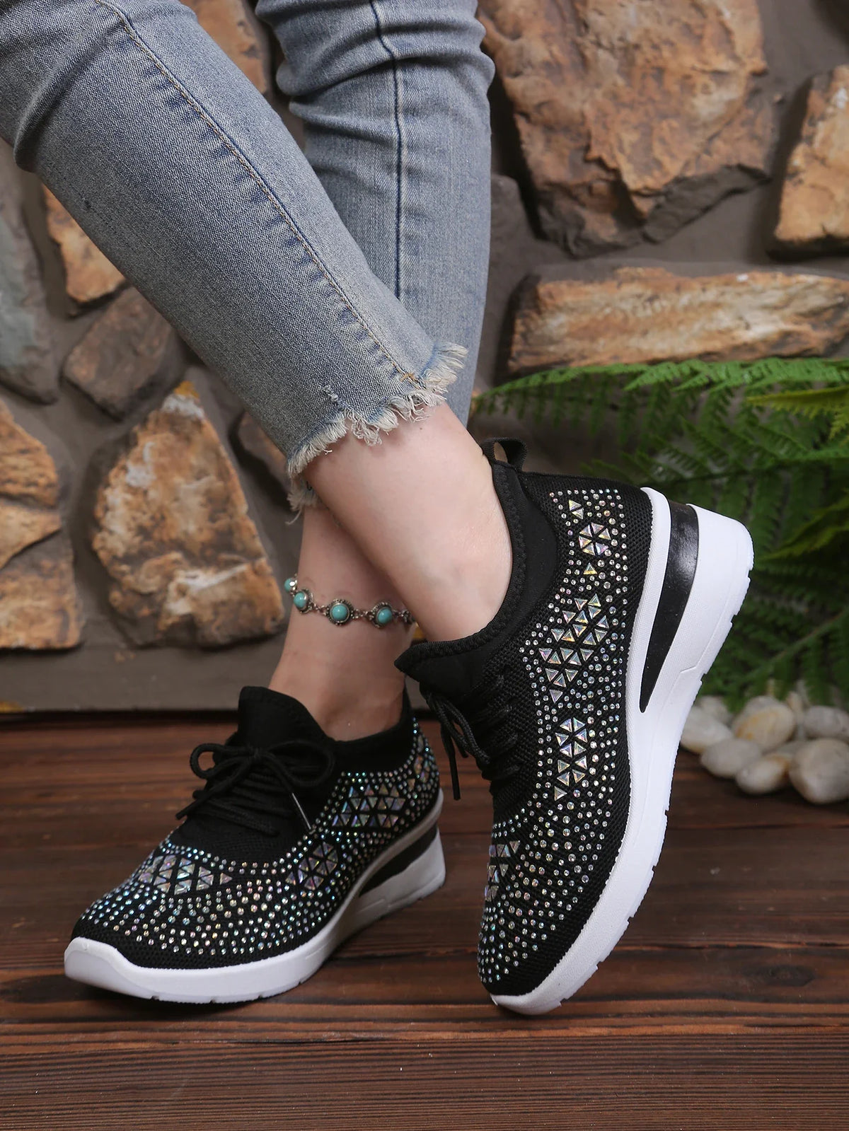 Women's Rhinestone Embellished Knit Mesh Wedge Sneakers, Adjustable Lace-Up Closure, Daily Walking Casual Footwear