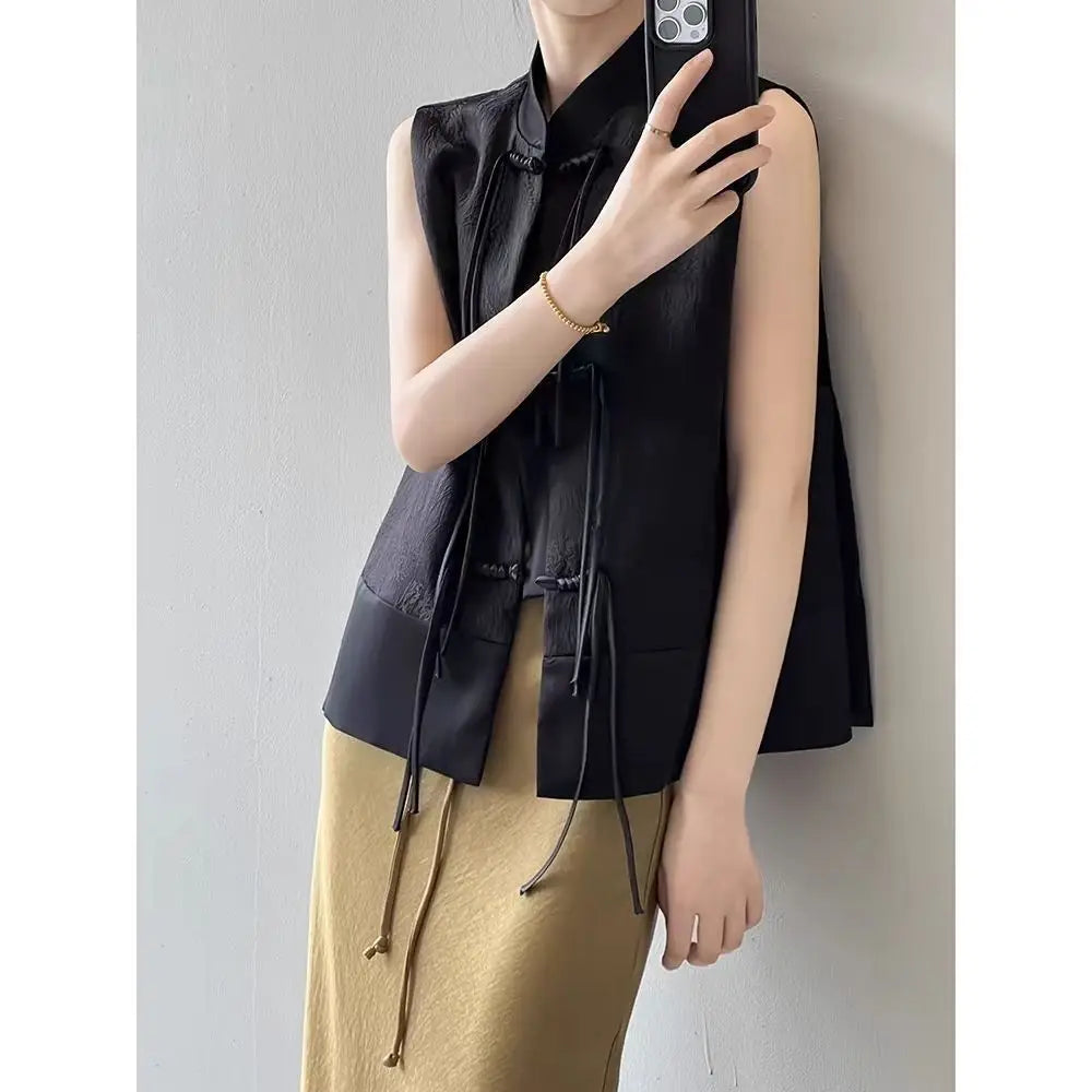 2026 spring new chinese new style plate buckle waistcoat jacket jacquard stand collar sleeveless retro women cheongsam waistcoat