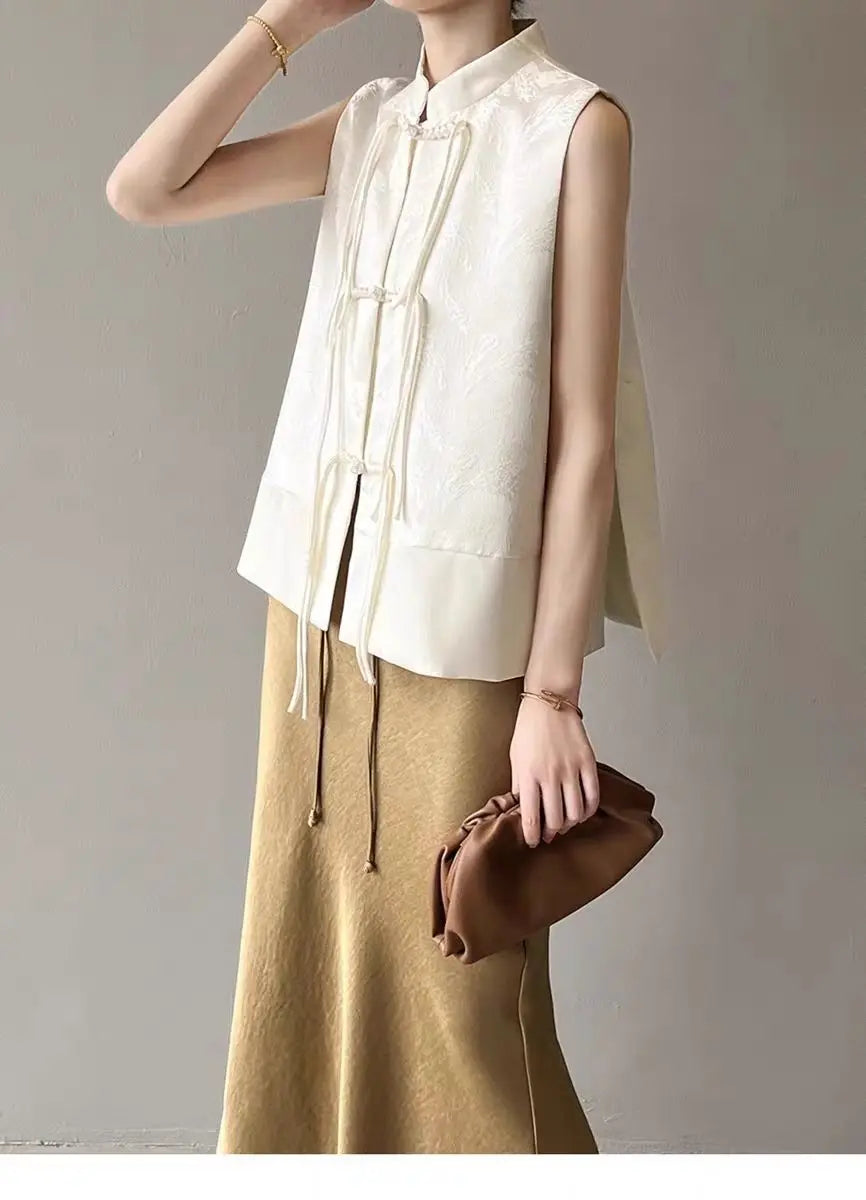 2026 spring new chinese new style plate buckle waistcoat jacket jacquard stand collar sleeveless retro women cheongsam waistcoat