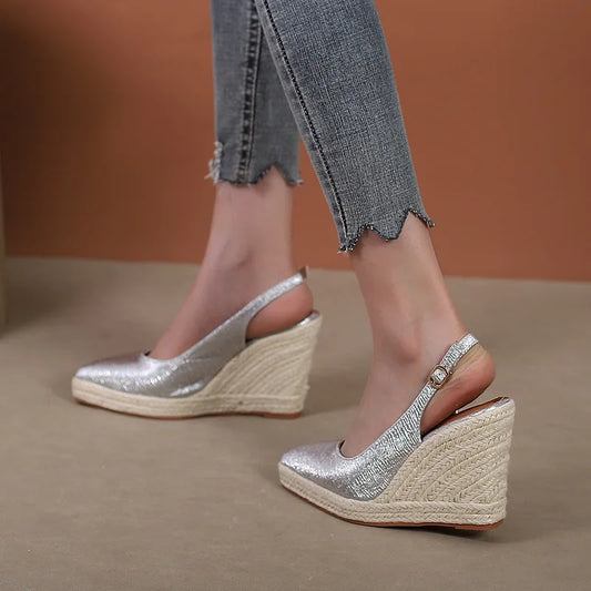 LIHUAMAO wedge ankle strap pointed toe shoes women slingback heels platform espadrilles shoes lady singback heel pumps
