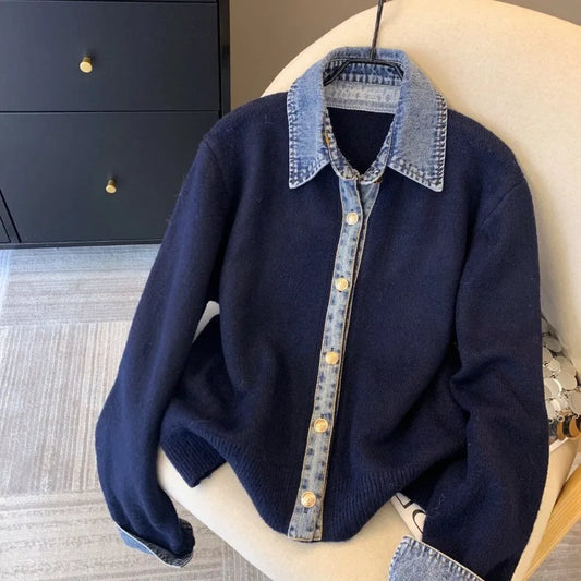 Chic Denim Collar Stitching Fake Two-piece Sweater Women's Cardigan New Single Breasted Knitted Jacket Coat Female Outwear
