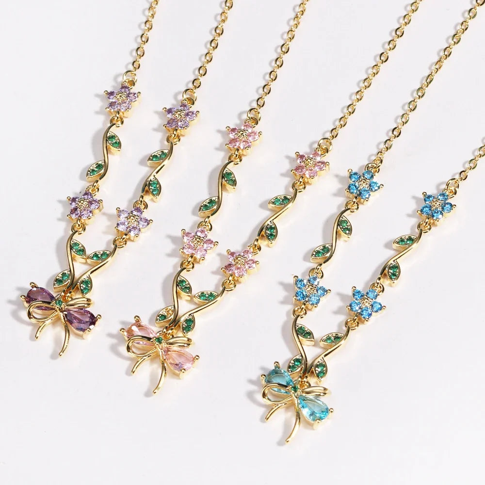 Summer New Fashion Exquisite Bow Leaf Flower Necklace For Women's Elegant Pink Zircon Chain Pendant Jewelry Gifts