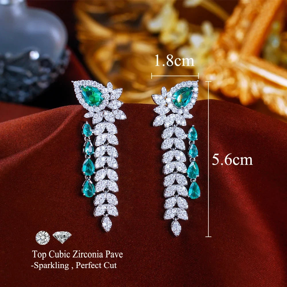 CWWZircons Dangling Leaf Drop Green Cubic Zirconia Luxury Long Earrings  for Women Beautiful Wedding Banquet Party Jewelry CZ959