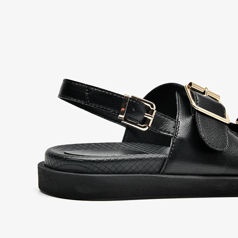 BeauToday Casual Sandals Women Genuine Leather Metal Ankle Buckle Strap Summer Beach Ladies Low Heel Sport Shoes Handmade 38128