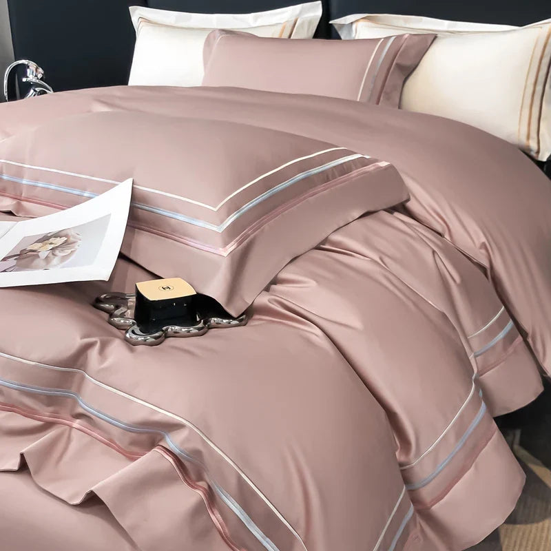 Hotel Style Bedding Set Luxury Golden Embroidery Duvet Cover Grey Egyptian Cotton Bed Sheets Pillowcases Solid Color Bedclothes
