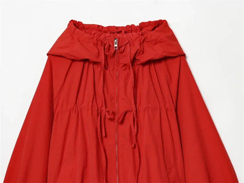 Women's Jacket 2026 Autumn New Red Long-Sleeve Drawstring Decorative Festive Hoodie Zipper Cardigan Casual Fashion Versatile