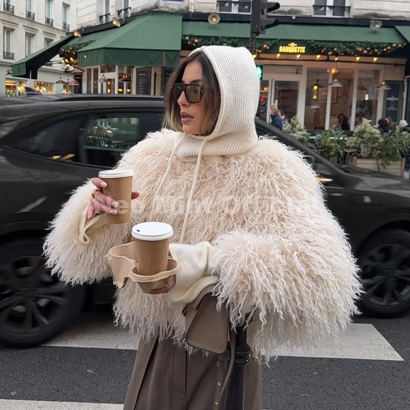 Neo Mint Chic Street Girls Round Neck Faux Mongolia Sheep Fur Coat Women 2025 Winter Fluffy Warm Fur Jacket Cropped Outerwear