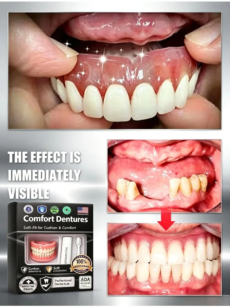Temporary Adjustable Resin Full Dentures, Natural Bright White Smile, Easy Wear Cosmetic Dental Kit
