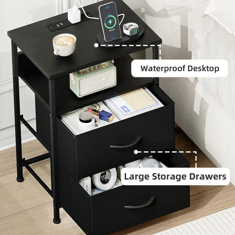 bedside table, chest cabinet, dresser, two drawers with cloth drawers, storage cabinet