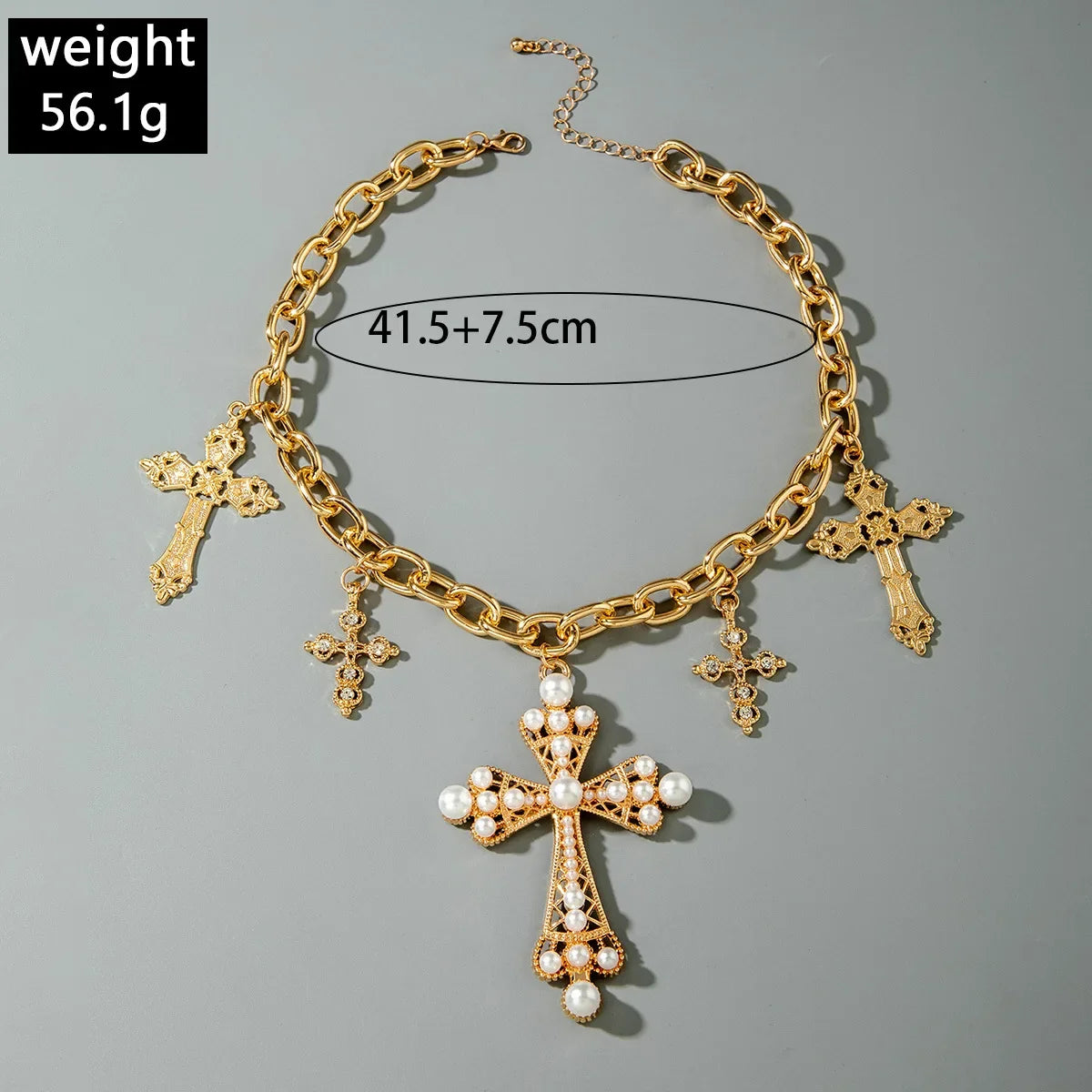 Vintage Creative Imitation Pearl Big Cross Pendant Necklace for Men Woman Luxury Rhinestone Choker Adjustable Chain Jewelry