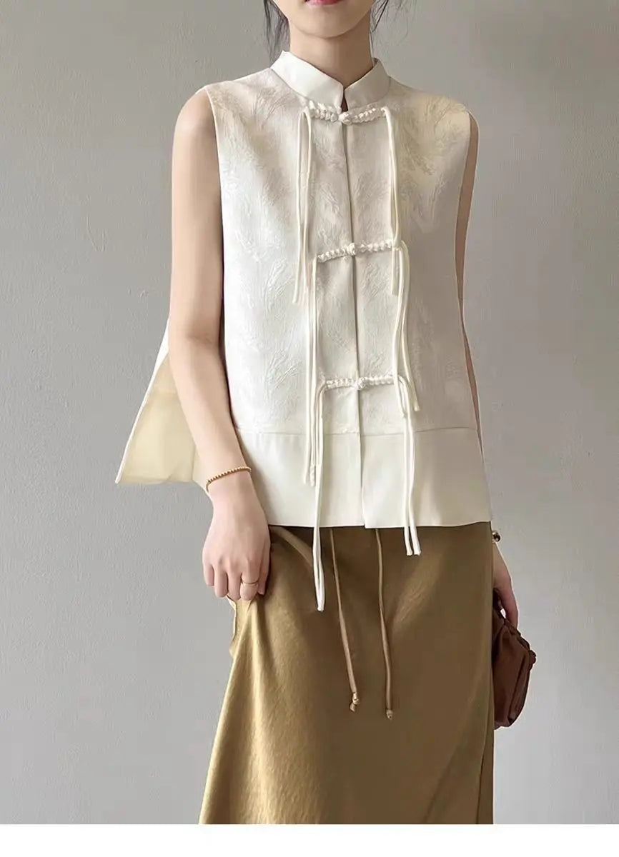2026 spring new chinese new style plate buckle waistcoat jacket jacquard stand collar sleeveless retro women cheongsam waistcoat