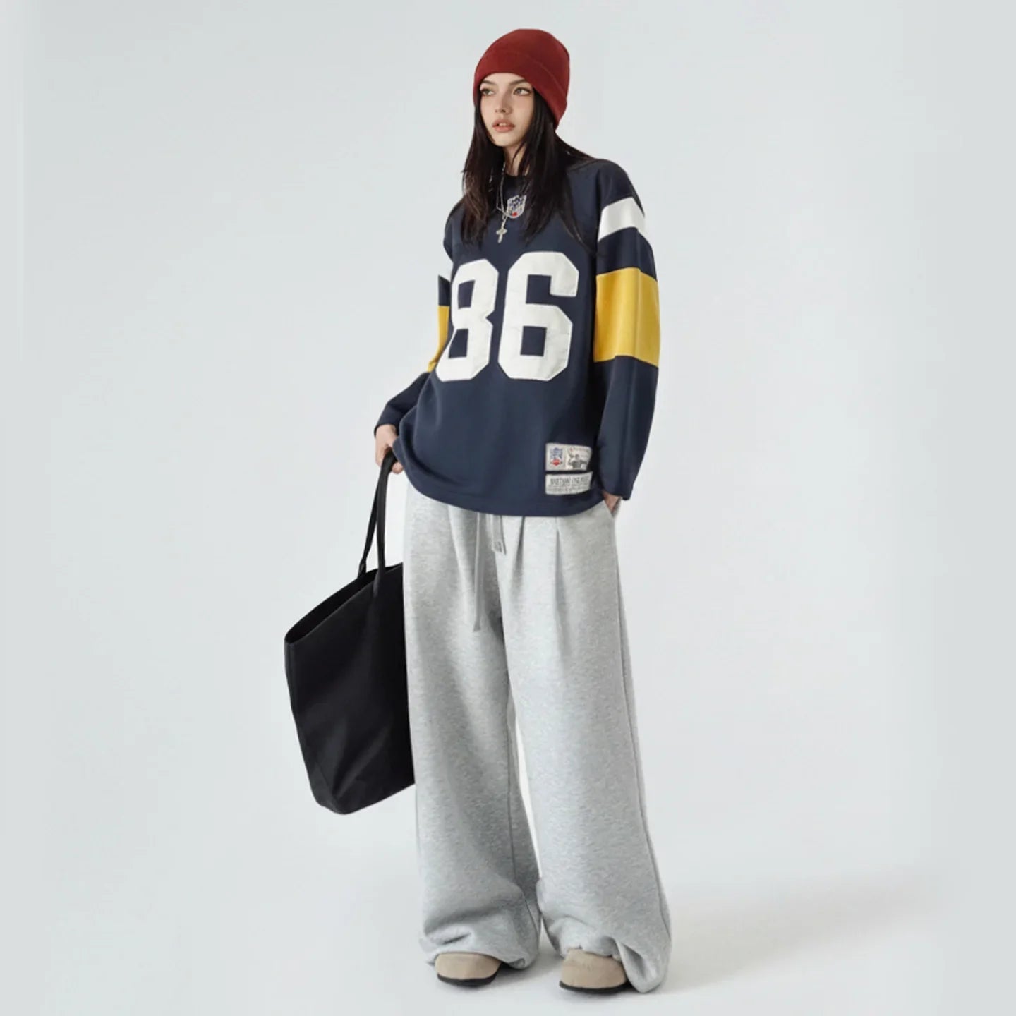 Maden Women’s Retro Embroidered Rugby Pullover Sweatshirt Mid-length Baggy Thick Outerwear Cozy Spring Fall Female Top