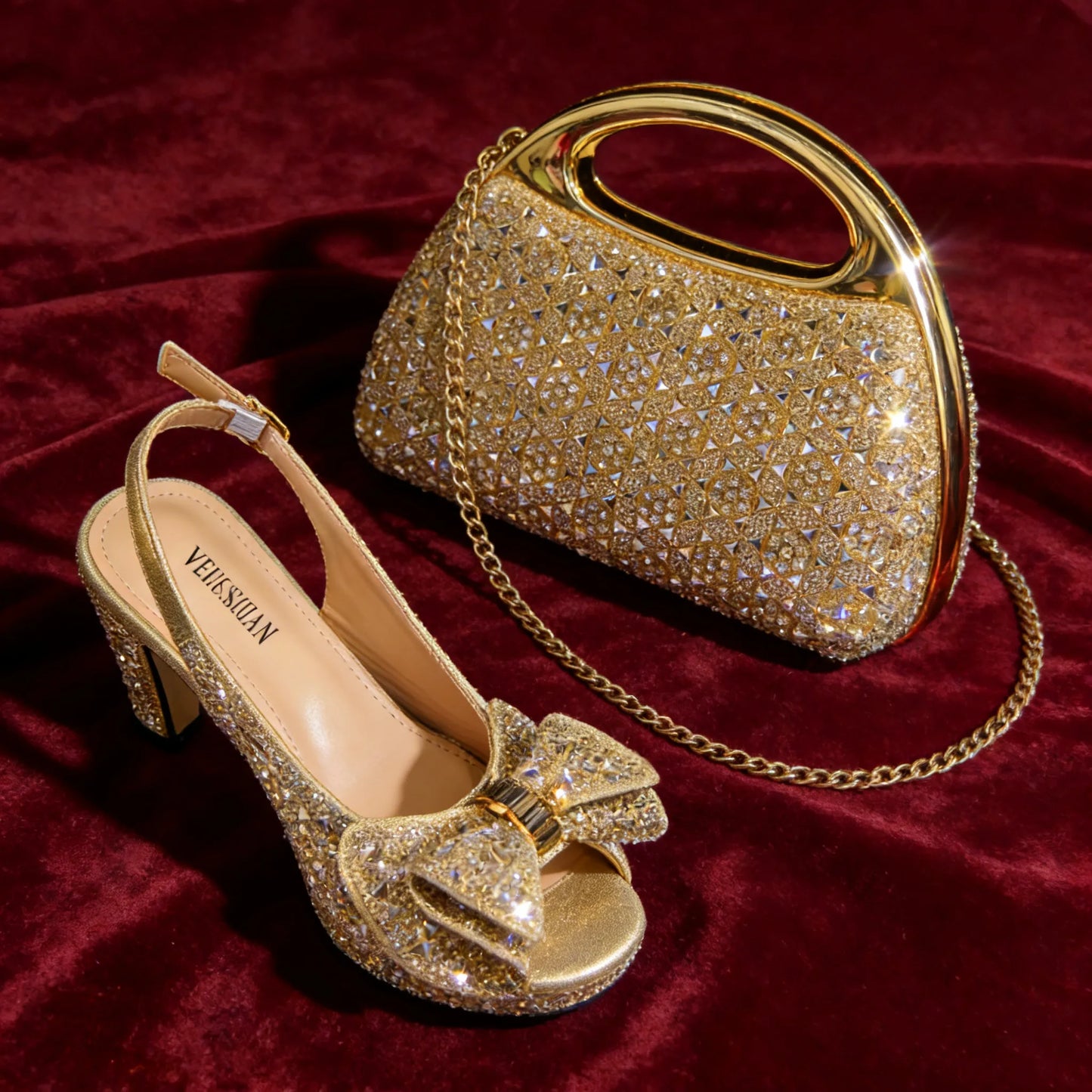 Elegant Italian Women’s Fuchsia Rhinestone Peep-Toe High Heel Sandals and Matching Bag Set – Perfect for Weddings and Parties