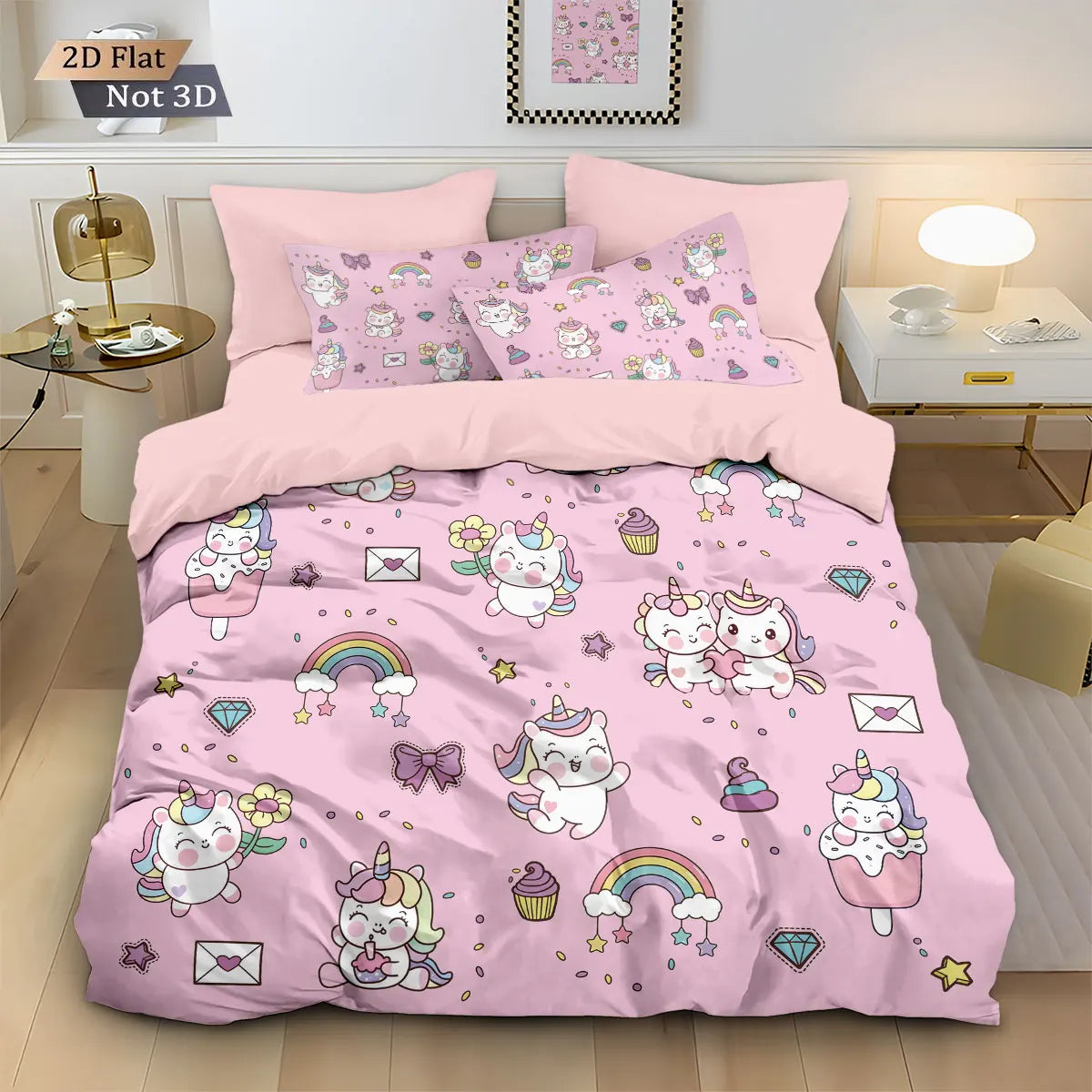 3pcs Cartoon Cute Unicorn Printed Coreless Down Duvet Cover Set, Multi Size Bedroom Bedding Decoration, Machine Washable