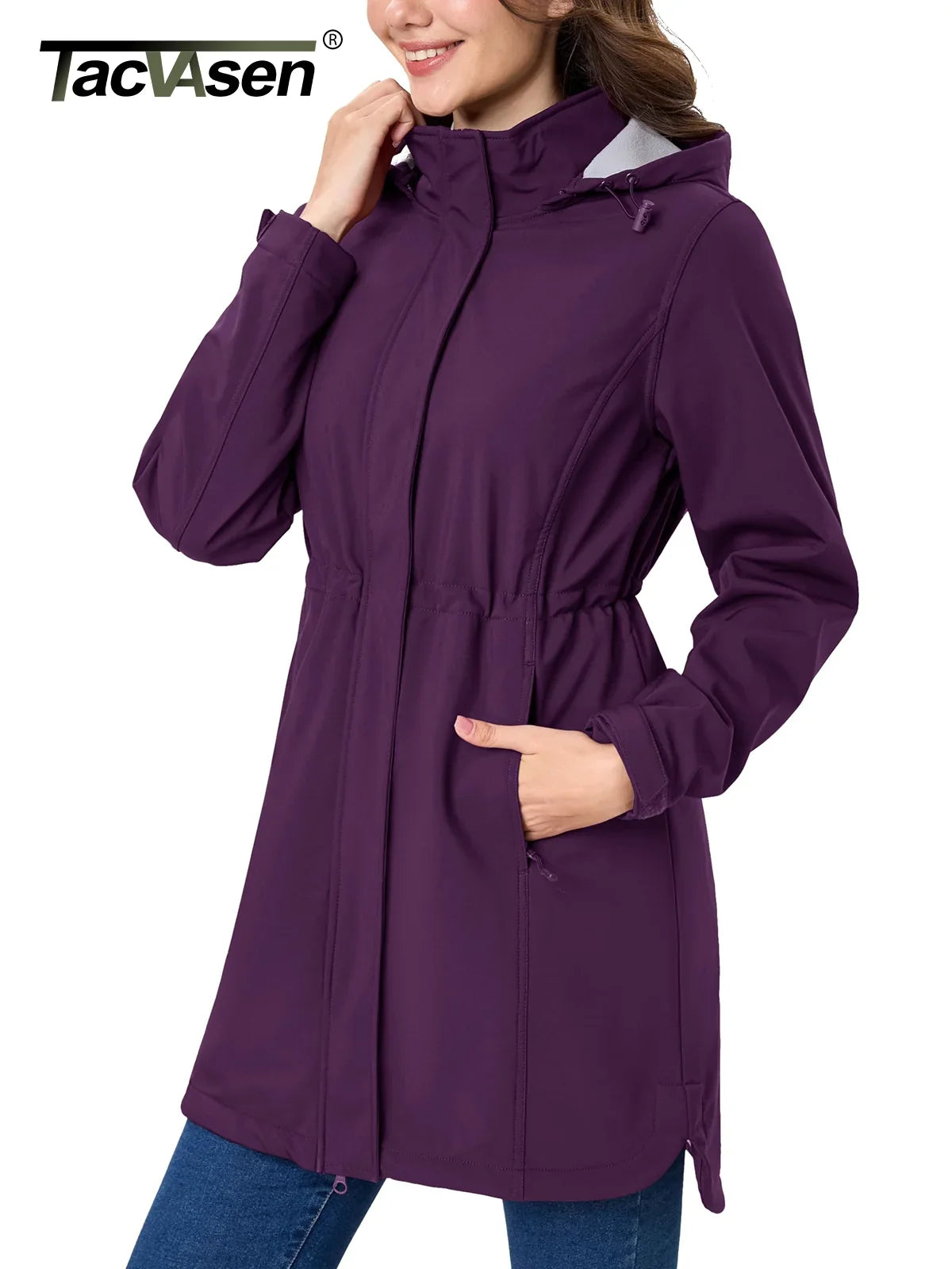 TACVASEN Women's Long Hooded Jacket Fleece Lined Softshell Jacket Waterproof Windproof Hiking Jacket Rain Coat Windbreaker Parka