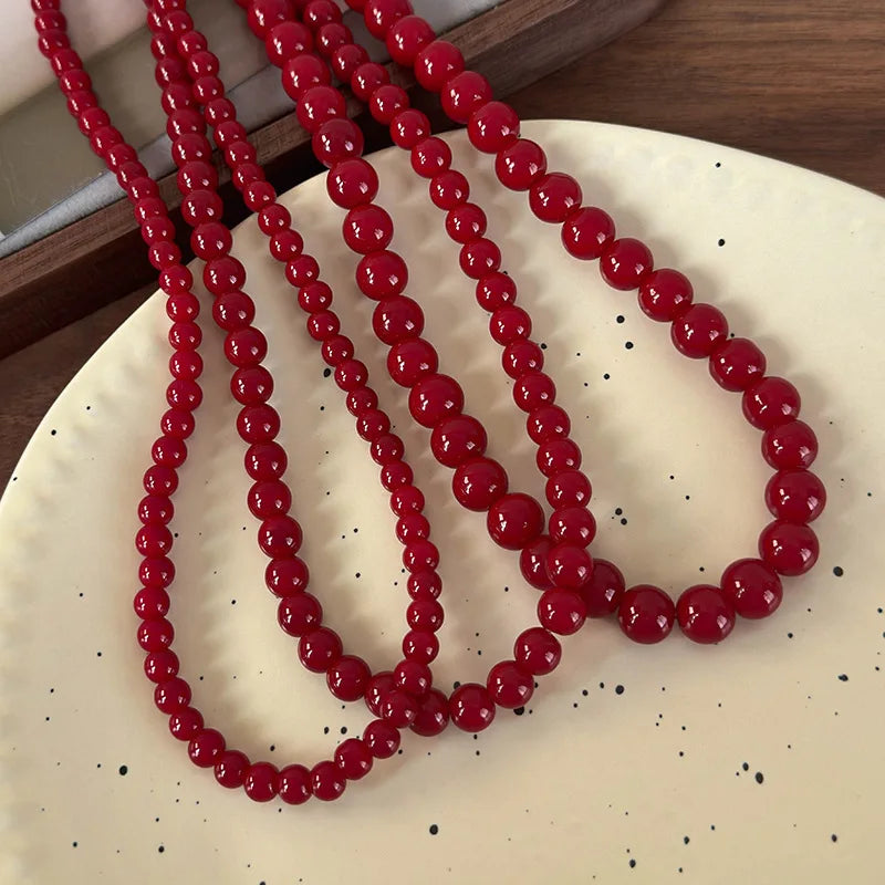 Handmade Vintage Chinese Style Glass Bead Necklace with Antique Red Glass Beads and Gold Coin Closure, Versatile Neckpiece