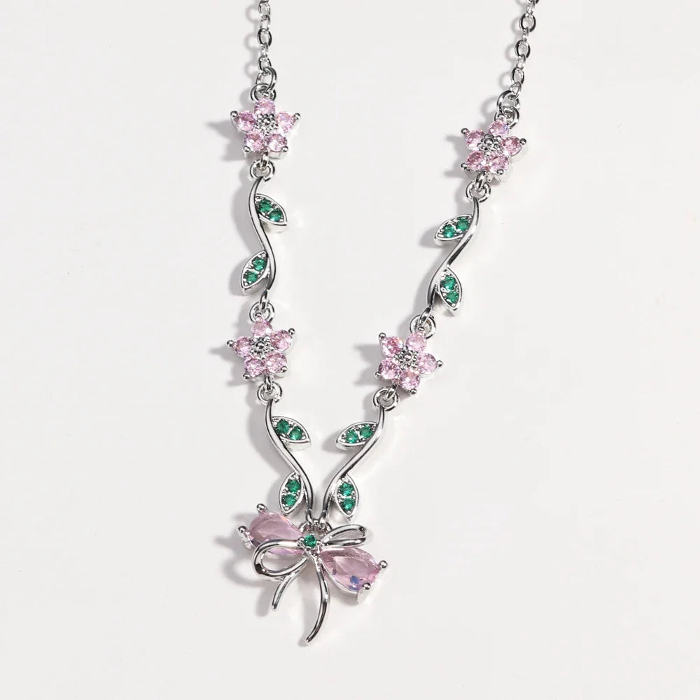 Summer New Fashion Exquisite Bow Leaf Flower Necklace For Women's Elegant Pink Zircon Chain Pendant Jewelry Gifts