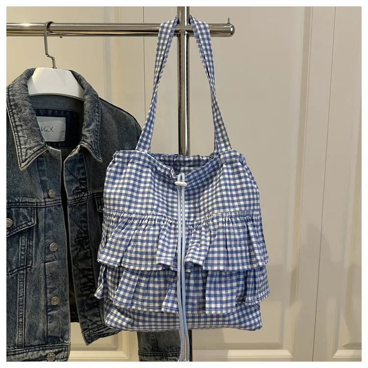 Large Capaci Cute Plaid Cotton Tote Bag  Lace Trim Women's Summer 2025 Simple Lady Handbag Soft Shoulder Bags Bolsa Feminina