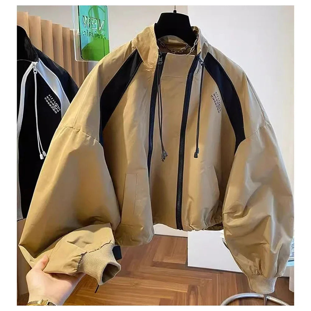 Design  niche loose casual stand up collar trench coat, women's spring and autumn short jacket double zipper