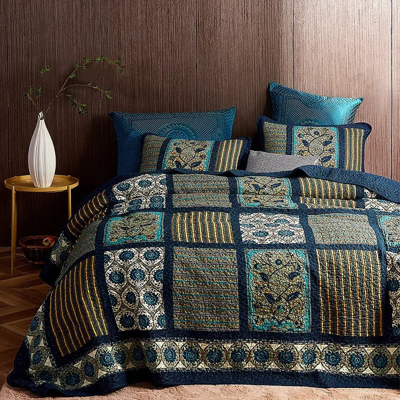 Vintage Patchwork Cotton Quilt Set 3PCS King/Queen - All-Season Thin Comforter Bedspread,Breathable Quilted Coverlet Bedding