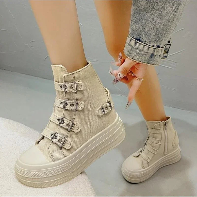 8CM Wedge Heels Sneakers Canvas Shoes Women's 2024 Spring And utumn New Fashion All Casual Thick Ventilate Soled Board Shoes