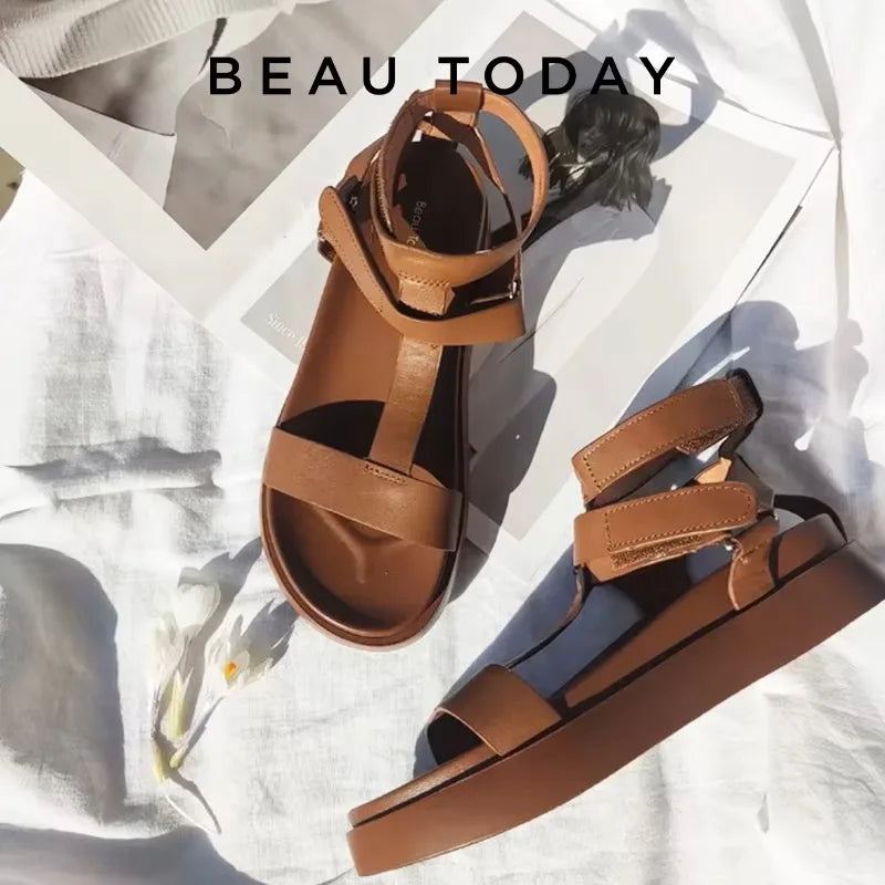 BeauToday Summer Gladiator Sandals Women Calfskin Leather Open Toe T-bar Strap Hook & Loop  Summer Ladies Shoes Handmade 07130