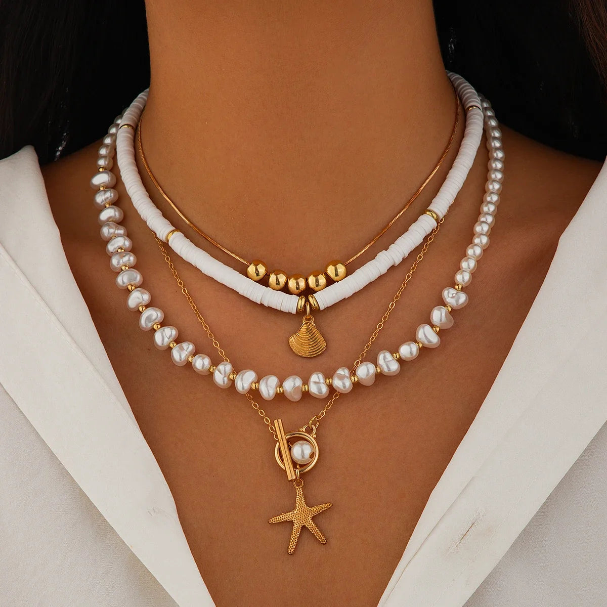 Ingemark 3Pcs/Set Bohemian Scallop Starfish Pendant Necklace for Women  Elegant Imitation Pearl Chain Jewelry Accessories Gift